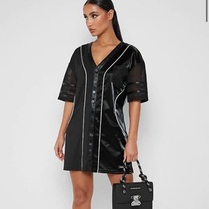 Maniere de Voir vegan leather and satin baseball dress, black